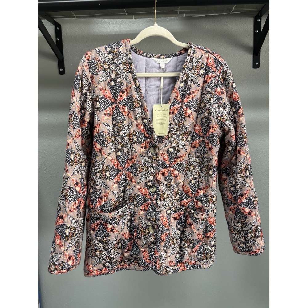 Garnet Hill Floral Patchwork Quilted Jacket Organic Cotton Multicolor Large NWT